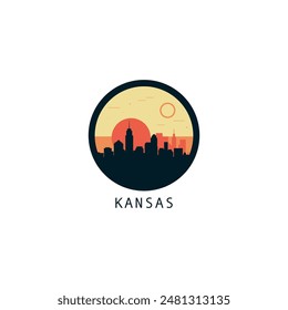 Kansas City skyline, downtown panorama logo, logotype. USA, Missouri state round badge contour, isolated vector vintage pictogram with monuments, landmarks, skyscrapers, towers