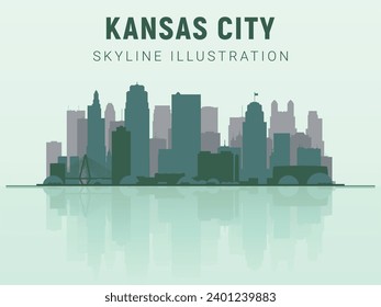 Kansas City skyline. Kansas City
skyline and landmarks silhouette, light green tone gradient design. Kansas City skyline horizontal banner. skyline in flat style. Vector template for your design. EPS