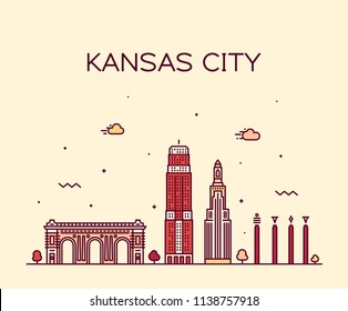 Kansas city skyline, Missouri, USA. Trendy vector illustration, linear style