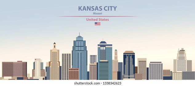 Kansas City Skyline On Colorful Gradient Beautiful Day Sky Background With Flag Of United States. Vector Illustration