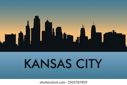 Kansas City. The city skyline. Silhouettes of buildings. The sunset of the day. Vector on a blue background