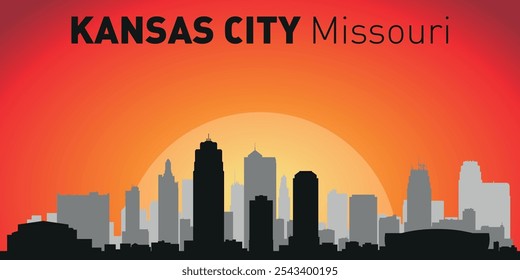 Horizonte de la ciudad de Kansas con siluetas de edificios con el telón de fondo de un Grande sol amarillo y cielo naranja. Vector en el fondo de la puesta del sol