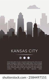 Kansas city template for website, presentation, front page, invitation, publication sheet with skyline, landmarks. Vector Missouri, USA image layout, simple and grayscale