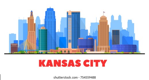 Kansas City ( USA ) Missouri skyline with panorama in white background. Vector Illustration. Business travel and tourism concept with modern buildings. Image for presentation, banner, web site.