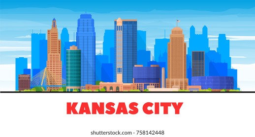 Kansas City ( USA ) Missouri skyline with panorama in white background. Vector Illustration. Business travel and tourism concept with modern buildings. Image for presentation, banner, web site.