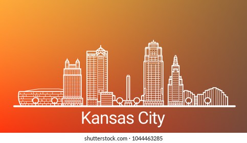 Kansas city white line on colorful background. All Kansas buildings - customizable objects with opacity mask, so you can simple change background. Line art.