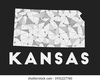 Kansas - communication network map of us state. Kansas trendy geometric design on dark background. Technology, internet, network, telecommunication concept. Vector illustration.