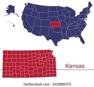 Kansas counties vector map with USA map colors national flag