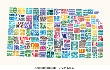 Kansas counties word cloud. State logo design. Counties typography style vector image. Kansas colored text cloud. Amazing vector illustration.