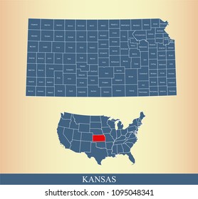 Kansas county map with names. Kansas state of USA map vector outline 