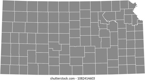 Kansas county map vector outline illustration gray background. 