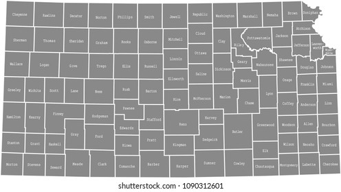 Kansas county map vector outline in gray background. Kansas state of USA map with counties names labeled