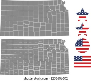 Kansas county map vector outline in gray background. Kansas state of USA map with counties names labeled and United States flag vector illustration designs