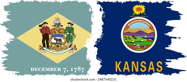 Kansas and Delaware states grunge brush flags connection, vector