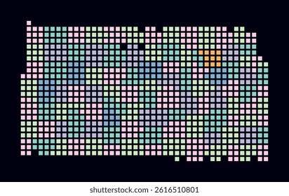 Kansas dotted map. Digital style map of the state on dark background. Kansas shape with square dots. Colored dots style. Large size squares. Abstract vector illustration.