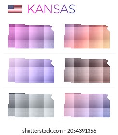 Kansas dotted map set. Map of Kansas in dotted style. Borders of the US state filled with beautiful smooth gradient circles. Attractive vector illustration.