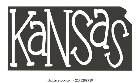 Kansas drawn map with text script. Outline Isolated illustration on a white background. Kansas state map word for poster, banner, t-shirt, tee. Kansas vector silhouette state.