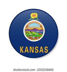 Kansas flag circle button icon, US state round badge with shadow. 3D realistic vector illustration isolated on white.