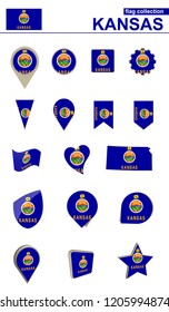Kansas Flag Collection. Big set for design. Vector Illustration.