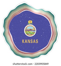 Kansas flag in frame. Badge of the US state. Layered circular sign around Kansas flag. Captivating vector illustration.