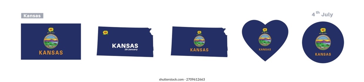 Bandeira e mapa de Kansas definidos. A bandeira do estado americano do Kansas em cores e proporções oficiais. Celebrações de 29 de janeiro, mapas, círculos e o coração do Kansas.