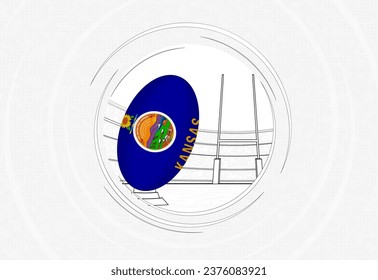 Kansas flag on rugby ball, lined circle rugby icon with ball in a crowded stadium. Vector sport emblem on abstract background.