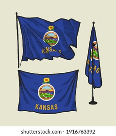 Kansas flag set - flag on the wind, flag on the wall and flag in the office