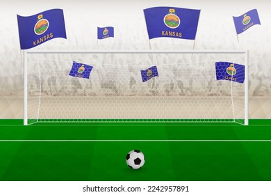 Kansas football team fans with flags of Kansas cheering on stadium, penalty kick concept in a soccer match. Sports vector illustration.