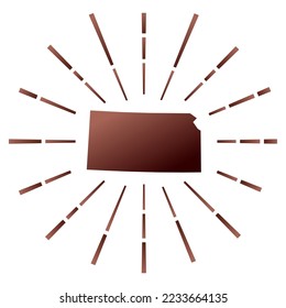 Brote de sol degradado de Kansas. Mapa del estado de estados unidos con coloridos rayos de estrellas. Ilustración de Kansas en digital, tecnología, internet, estilo de red. Ilustración vectorial.