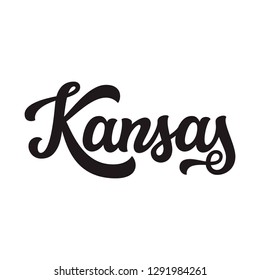 Kansas. Hand Drawn US State Name Isolated On White Background. Modern Calligraphy For Posters, Cards, T Shirts, Souvenirs, Stickers. Vector Lettering Typography