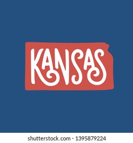 Kansas. Hand drawn USA state name inside state silhouette on blue background. Modern calligraphy for t shirt prints, posters, stickers, cards, souvenirs. Vector vintage illustration.