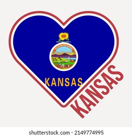 Kansas heart flag badge. Made with Love from Kansas logo. Flag of the US state in a heart shape. Vector illustration.