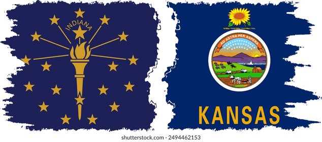 Kansas and Indiana states grunge brush flags connection, vector