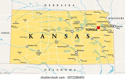 Kansas, KS, political map with capital Topeka, important rivers and lakes. State in the Midwestern United States of America nicknamed The Sunflower State, also The Wheat or The Jayhawker State. Vector