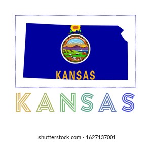 Kansas Logo. Map of Kansas with US state name and flag. Neat vector illustration.