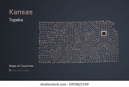 Kansas Map with a capital of Topeka Shown in a Microchip Pattern. E-government. United States vector maps. Microchip Series