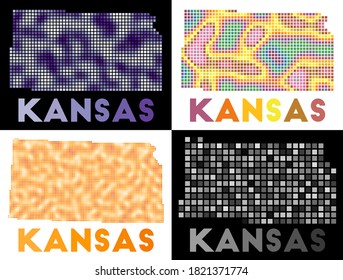 Kansas map. Collection of map of Kansas in dotted style. Borders of the us state filled with rectangles for your design. Vector illustration.