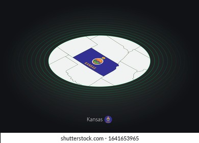 Kansas map in dark color, oval map with neighboring US states. Vector map and flag of US state Kansas