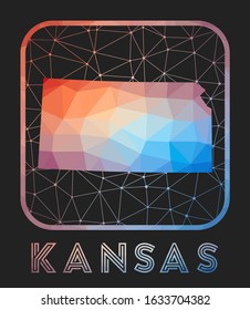 Kansas map design. Vector low poly map of the US state. Kansas icon in geometric style. The US state shape with polygonal gradient and mesh on dark background.