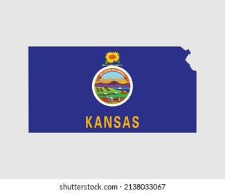 Kansas Map Flag. Map of KS, USA with the state flag. United States, America, American, United States of America, US State Banner. Vector illustration.