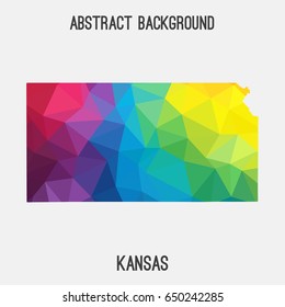 Kansas map in geometric polygonal,mosaic style in rainbow colors.Abstract tessellation,modern design background,low poly. Vector illustration.