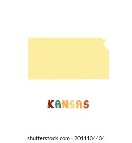 Mapa de Kansas aislado. Colección USA. Mapa de Kansas - silueta amarilla. Letras de estilo garabato en blanco