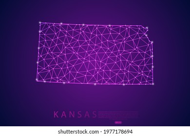 Kansas Map mash line and point scales on purple technology background. Wire Frame 3D mesh polygonal network line, design sphere, dot and structure -  Vector illustration eps 10