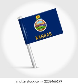 Kansas map pin flag icon. Pennant map marker on a metal needle. 3D realistic vector illustration.