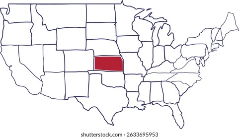Kansas Map in Red, map of america highlighting the state of Kansas