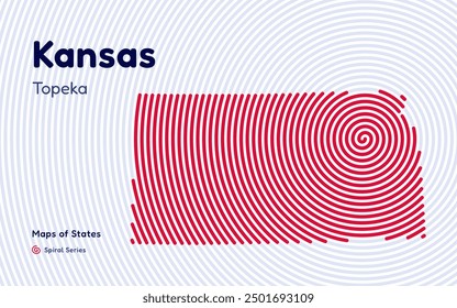 Kansas Map in Spiral Formation: Topeka Takes Center Stage. Fingerprint and stripes pattern. American states maps