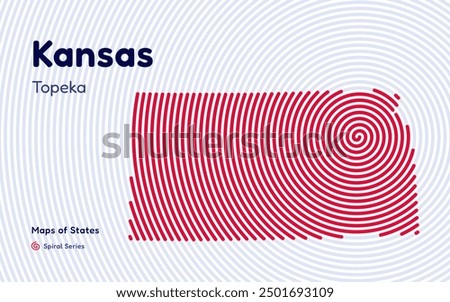 Kansas Map in Spiral Formation: Topeka Takes Center Stage. Fingerprint and stripes pattern. American states maps