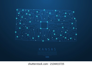 Kansas Map - United States of America Map vector with Abstract futuristic circuit board. High-tech technology mash line and point scales on dark background - Vector illustration ep 10 