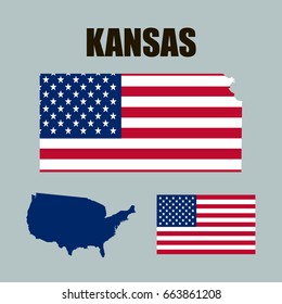 Kansas map with USA flag