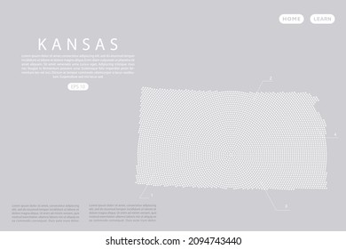 Kansas Map - USA, United States of America map vector template with White dots, grid, grunge, halftone style isolated on grey background for infographic, design - Vector illustration eps 10